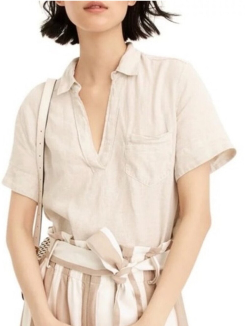 J CREW 100% Linen Popover Short Sleeve V-Neck Collared Blouse